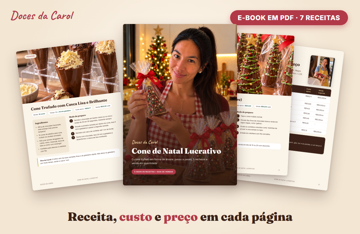 Páginas do e-book com receita, custo e preço de cada doce