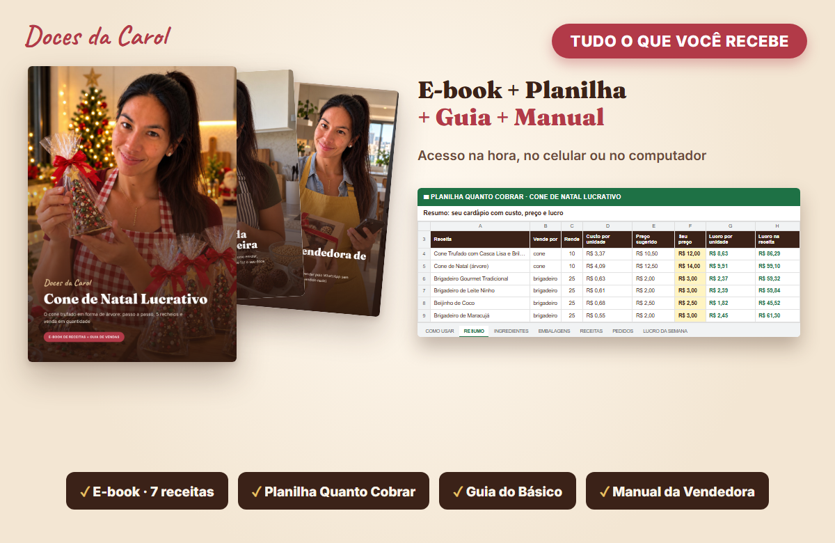 Todos os materiais do Cone de Natal Lucrativo: e-book, planilha Quanto Cobrar, Guia do Básico da Confeitaria Caseira e Manual da Vendedora de Doces