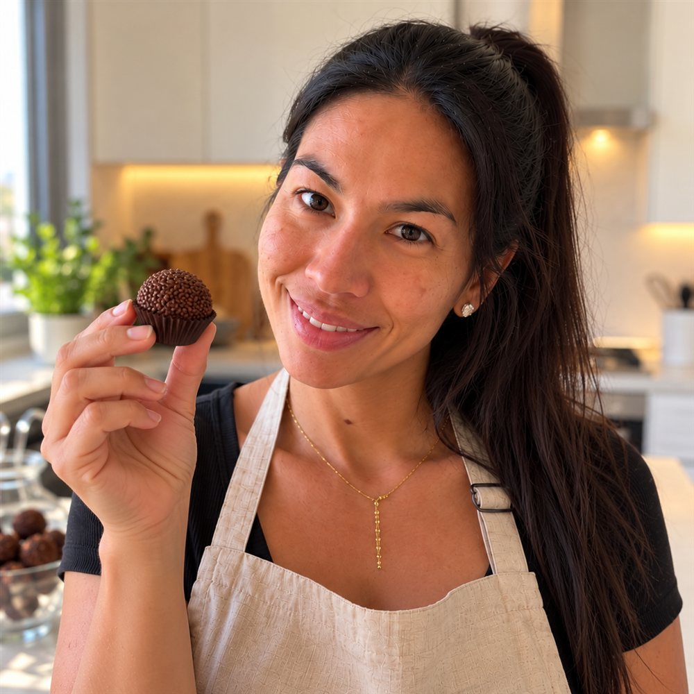 Carol sorrindo na cozinha de casa segurando um brigadeiro coberto com granulado