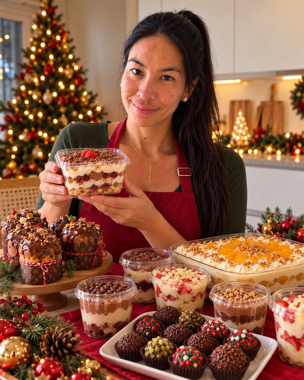 Carol segurando um pote de sobremesa em camadas, com mini panetones e brigadeiros na mesa decorada para o Natal